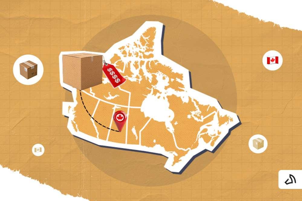 A map of Canada with a package and a price tag.