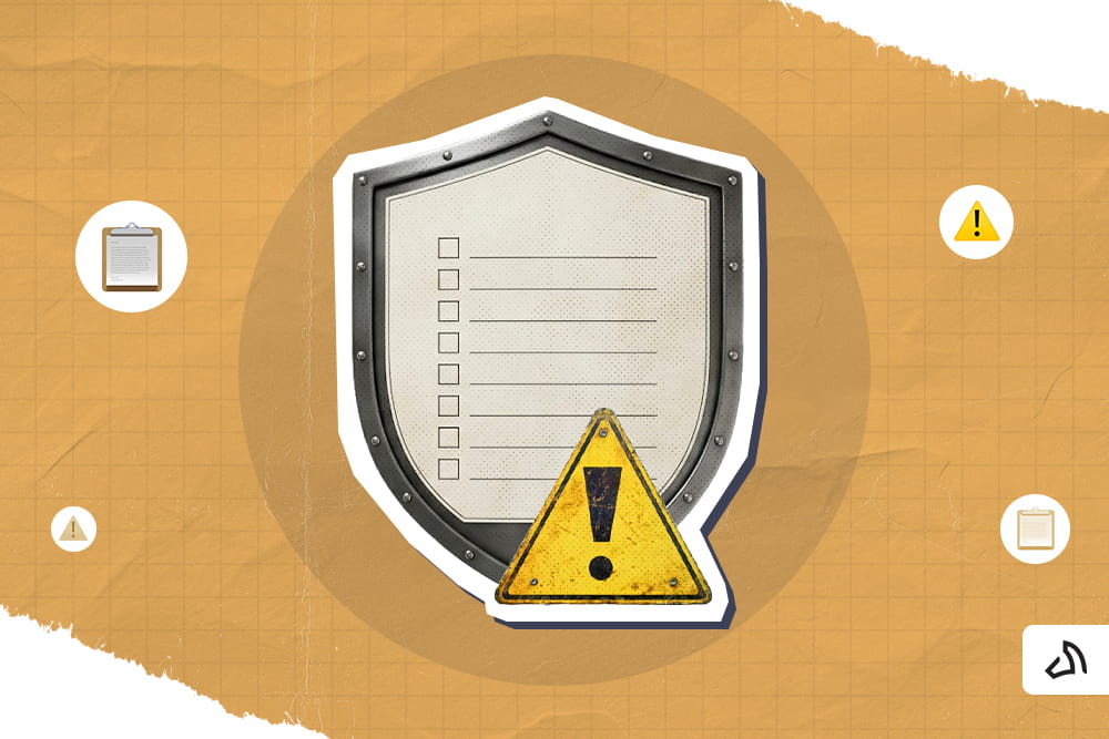 A metallic shield with a checklist and caution mark in front