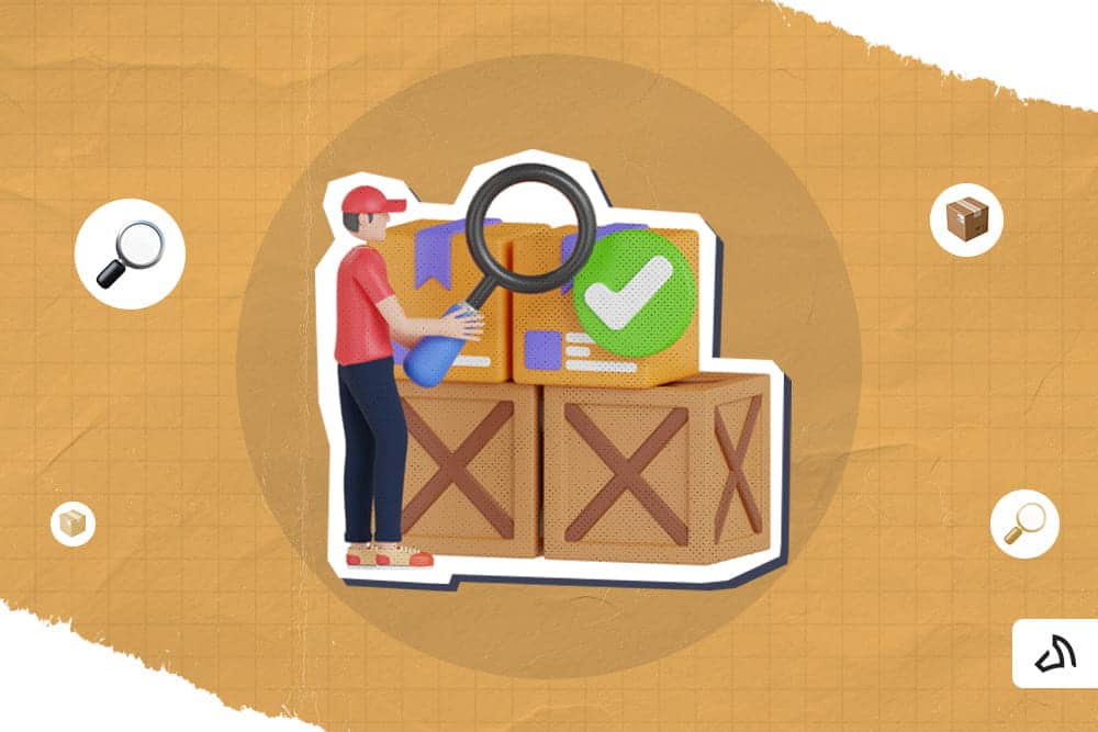 A person holding a huge magnifying glass looking at two orange boxes on top of two wooden crates