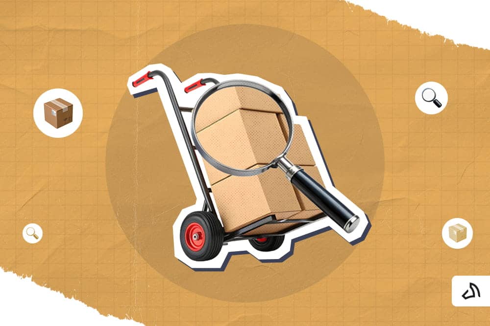 A truck trolley carrying five boxes with a huge magnifying glass