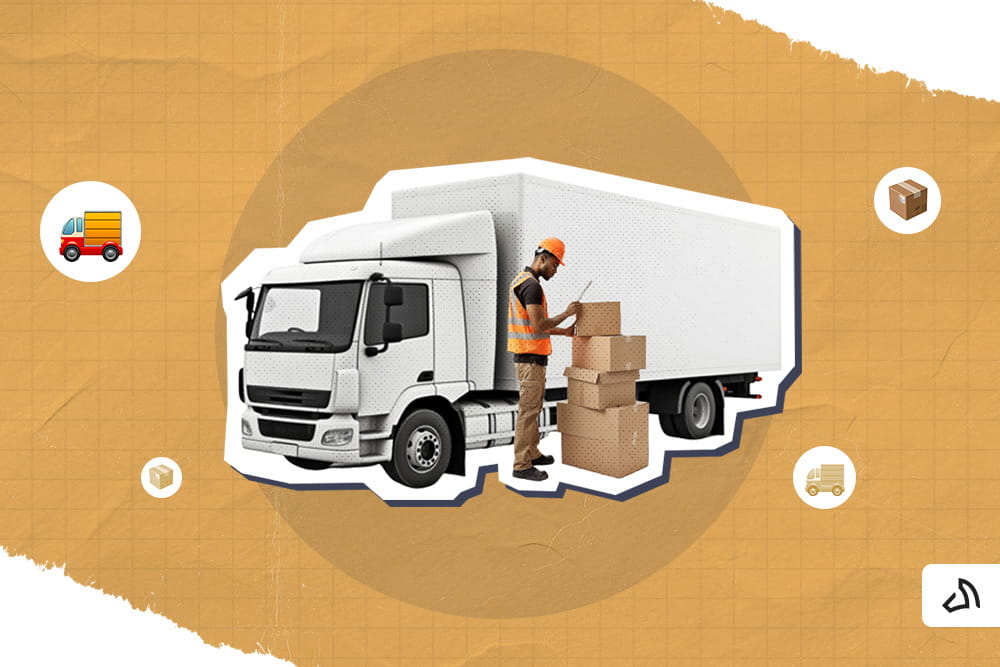 A white delivery truck behind a person standing beside a stack of packages