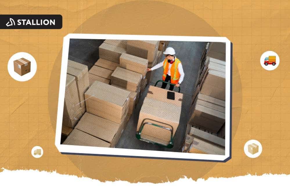 A worker pushing a package cart for a Canadian company 3pl US supply chain operations.