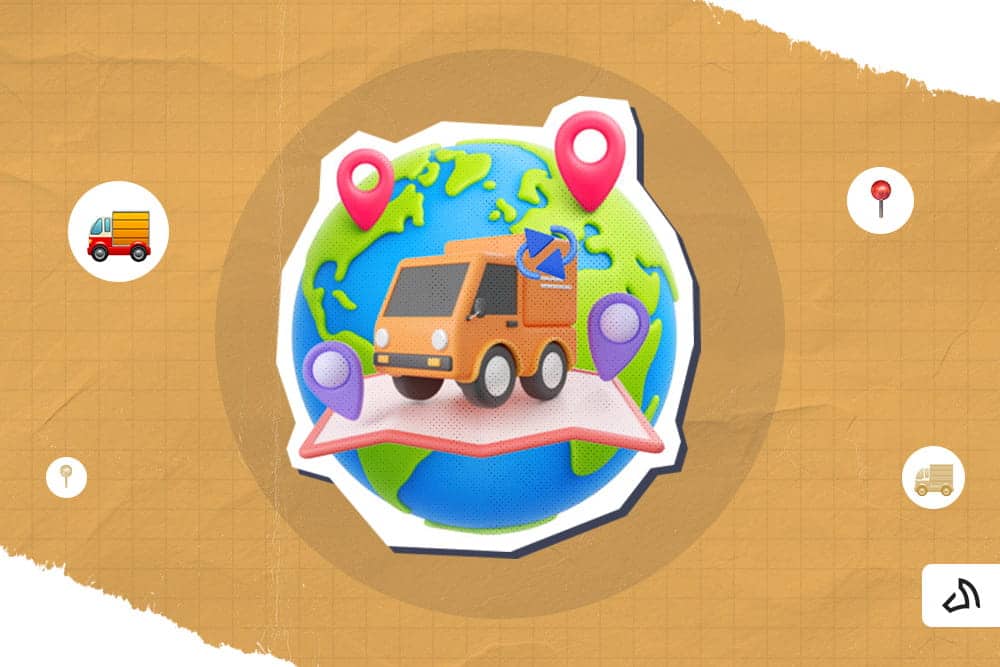 A yellow delivery van on top of a map with the globe surrounded by location pins behind it