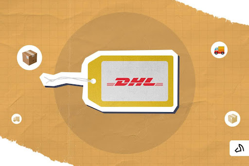 The DHL logo on a yellow tag