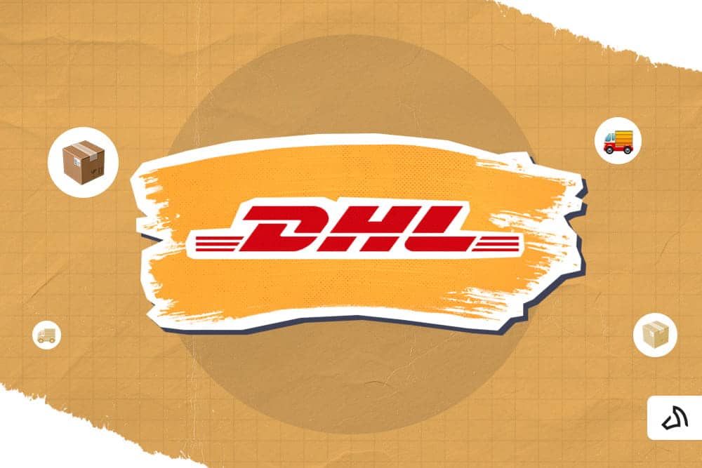 The DHL logo on top of an orange paint stroke