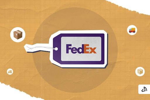 The FedEx logo on a violet tag