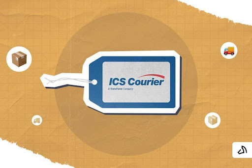 The ICS Courier logo on a blue tag
