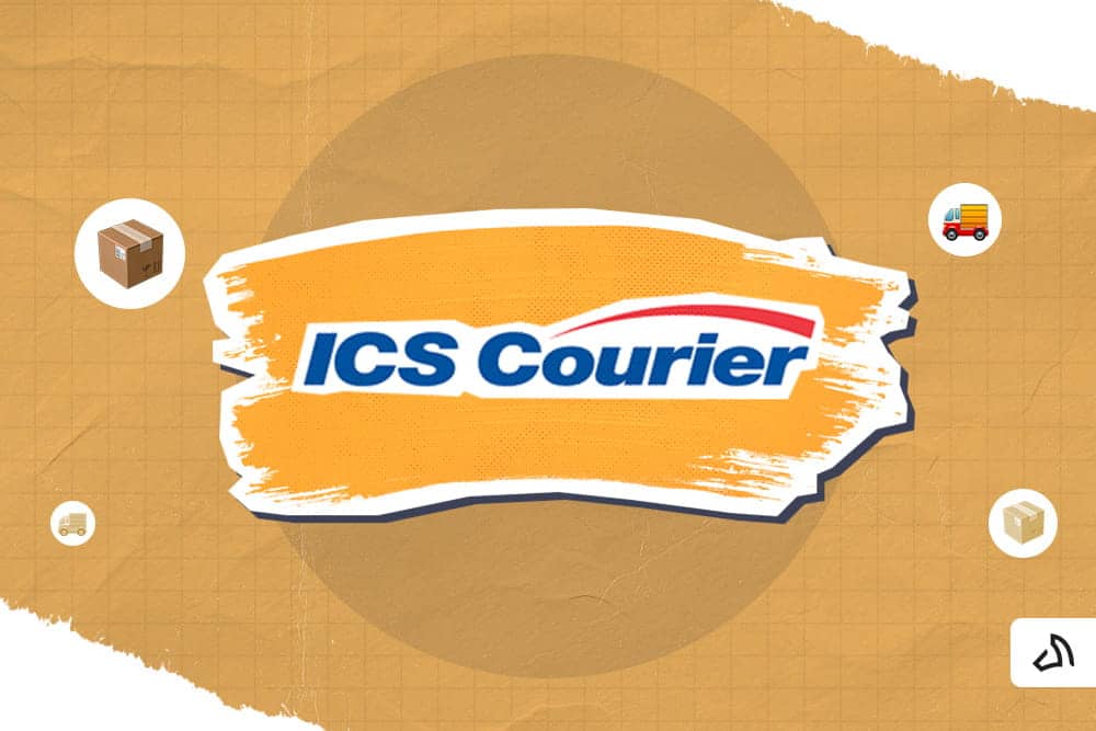 The ICS Courier logo on top of an orange paint stroke