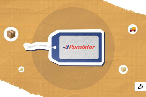 The Purolator logo on a blue tag