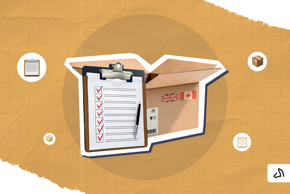 A checklist and a box with the Union Jack and the Canadian flags