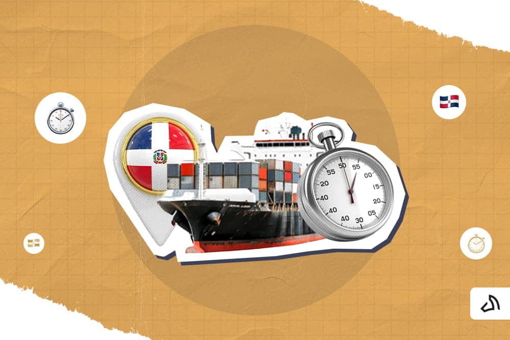 A container ship in between a stopwatch and the Dominican Republic flag