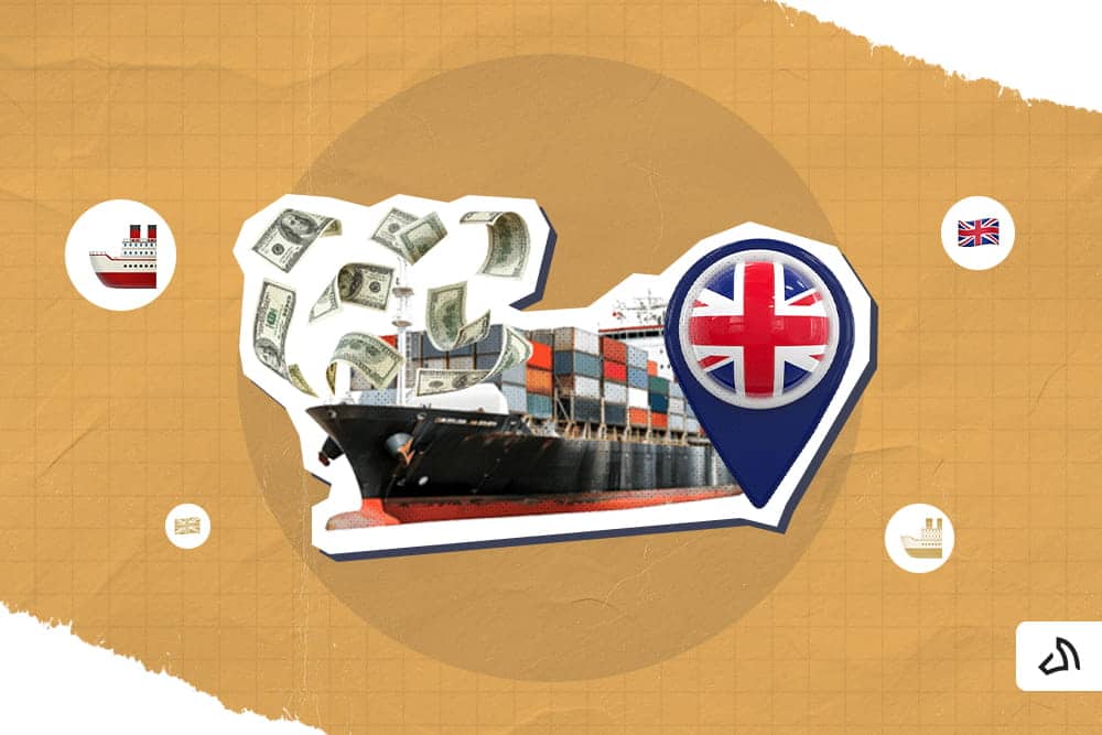 A container ship with dollar bills surrounding it and the UK flag beside it