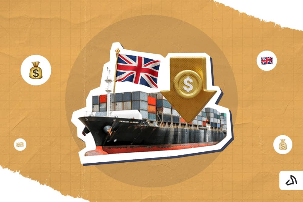 A container ship with the Union Jack and an arrow down with a dollar sign on its right