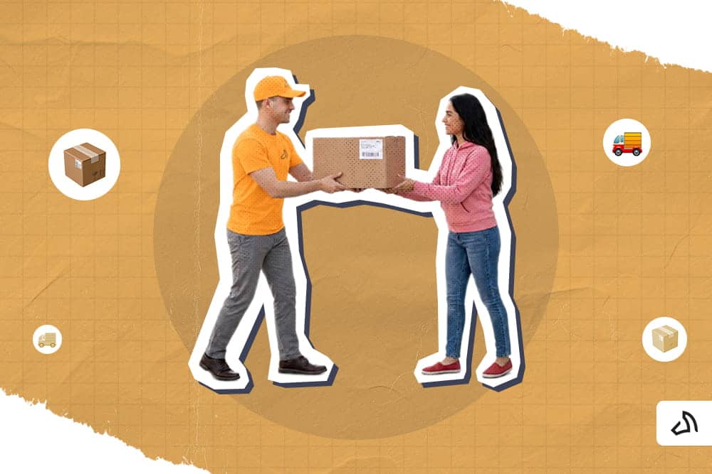 A delivery man handling a package to the woman