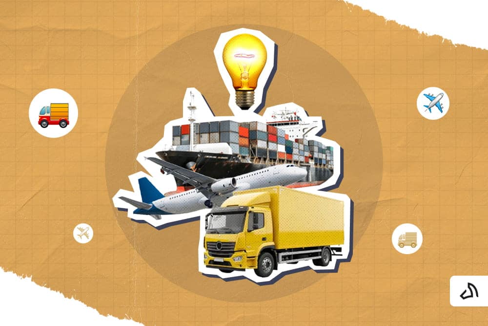 A delivery truck, an airplane, and a shipping vessel place on top of each other