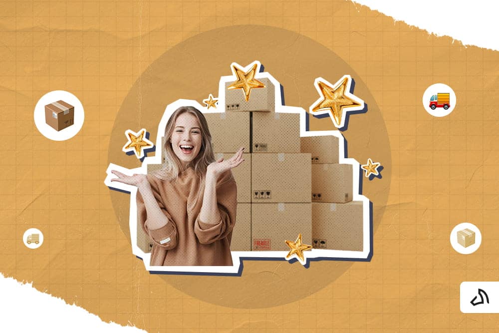 Une femme souriante, tenant une pile de paquets, avec des étoiles en arrière-plan