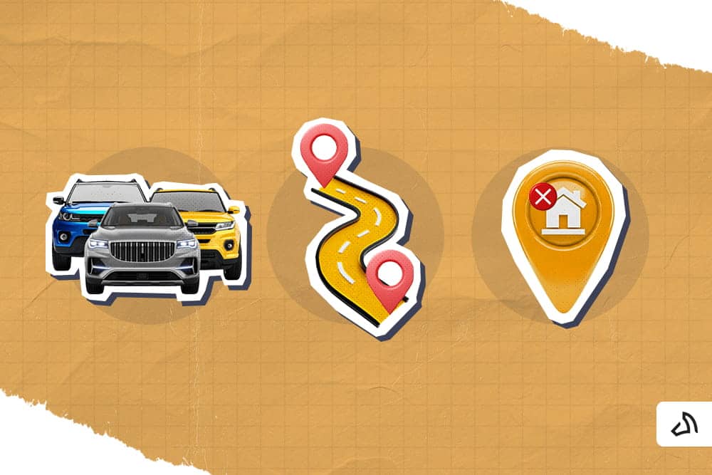 Une circulation routière, un itinéraire et un repère de localisation jaune
