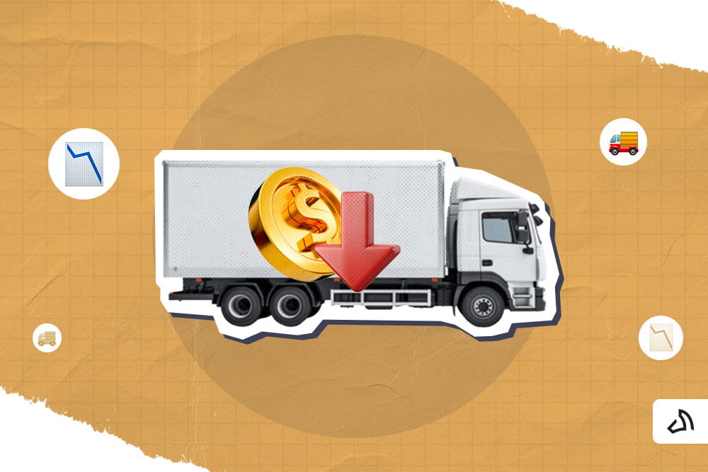 A white delivery truck with a gold coin and an arrow down on it