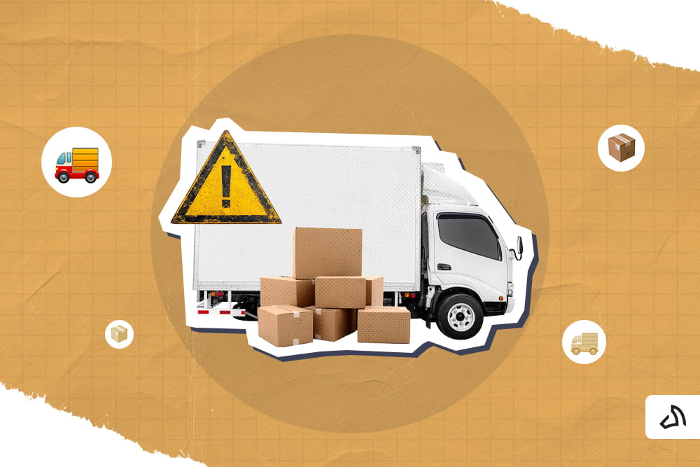 Un camion de livraison blanc, orné d'un panneau d'avertissement jaune et d'une pile de colis