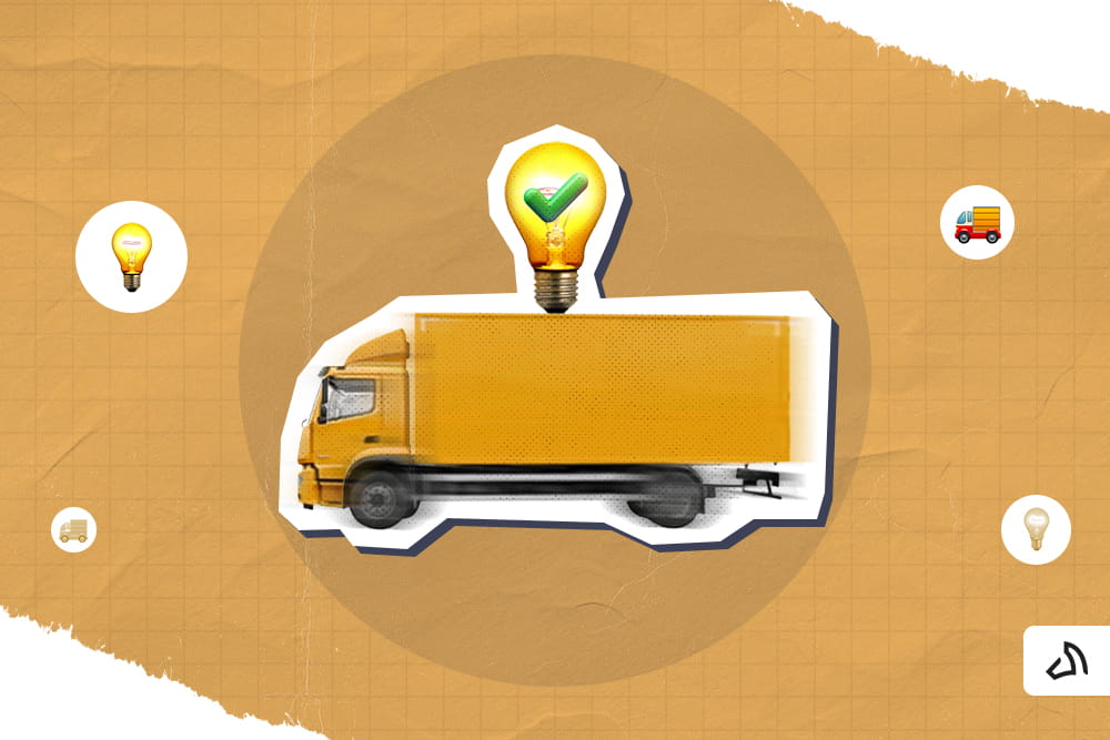 A yellow delivery truck and a a light bulb above it with a check mark