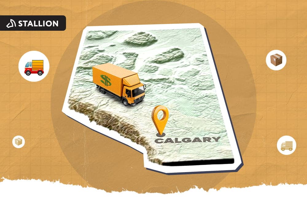 A yellow delivery truck going towards Calgary