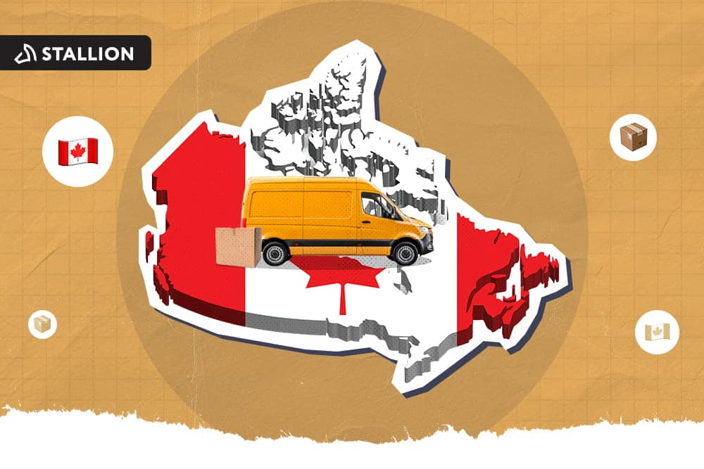 Une camionnette jaune avec un colis posé sur le terre-plein central en forme de drapeau canadien