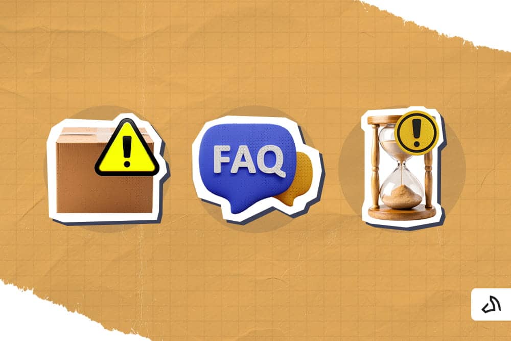 Un message de la FAQ situé entre un paquet et un sablier