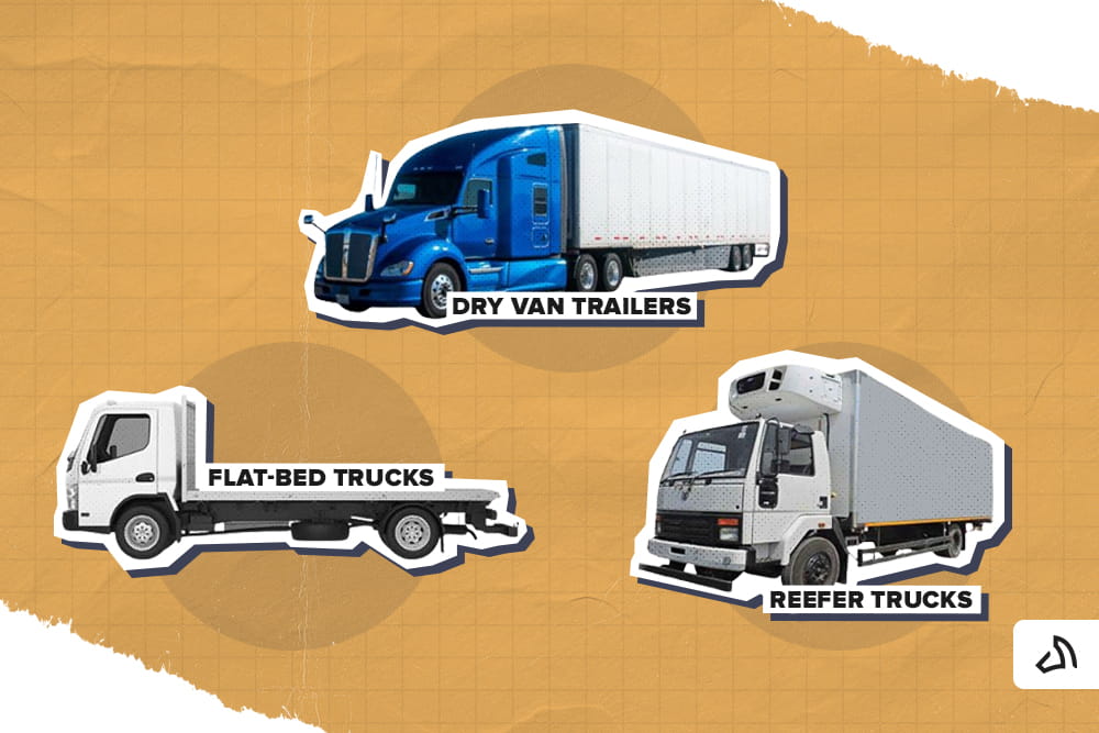 A blue dry van trailer, a white flat-bed truck, and a reefer truck