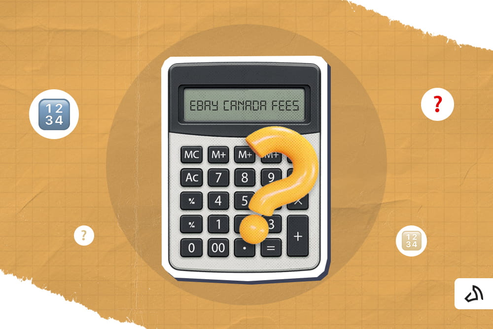 A calculator with a text "EBAY CANADA FEES" and a yellow question mark
