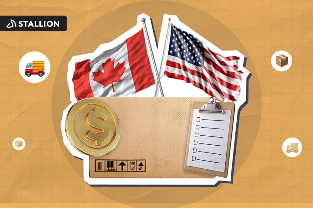 A package with a clipboard and a dollar coin with Canadian and US flags behind them