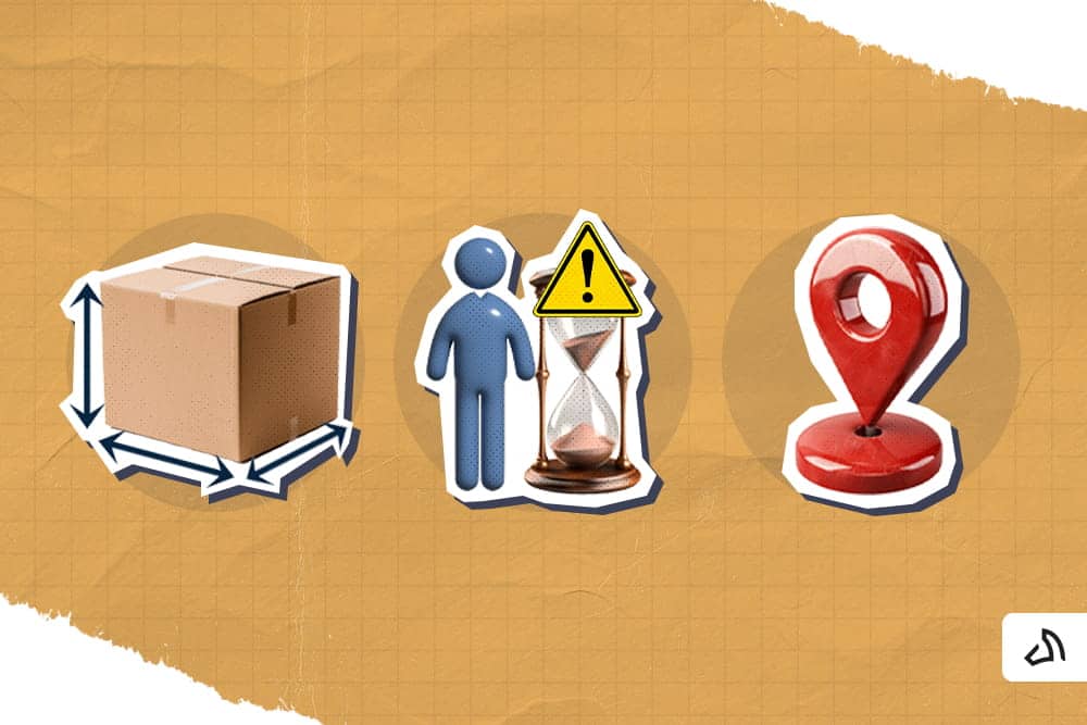 A package with measurements, a human standing beside an hourglass, and a location pin