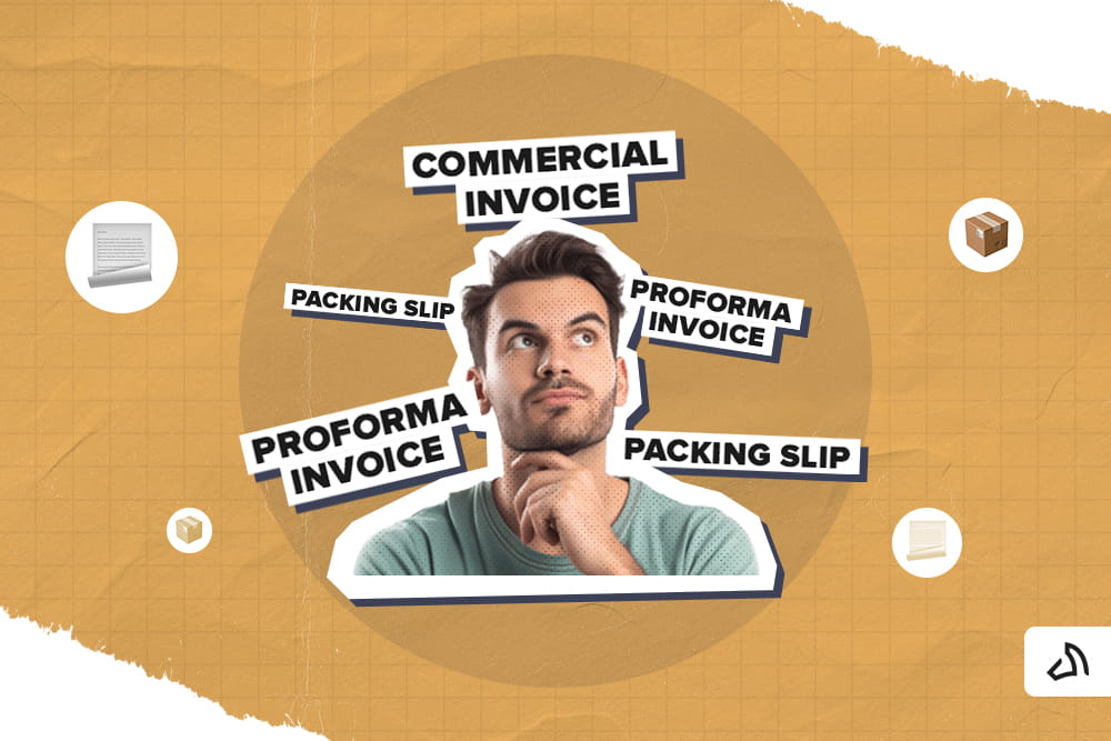 A person surrounded by shipping terms: commercial invoice, proforma invoice, and packing slip