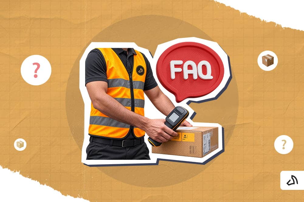 A Stallion personnel carrying a package and a scanner with the FAQ sign