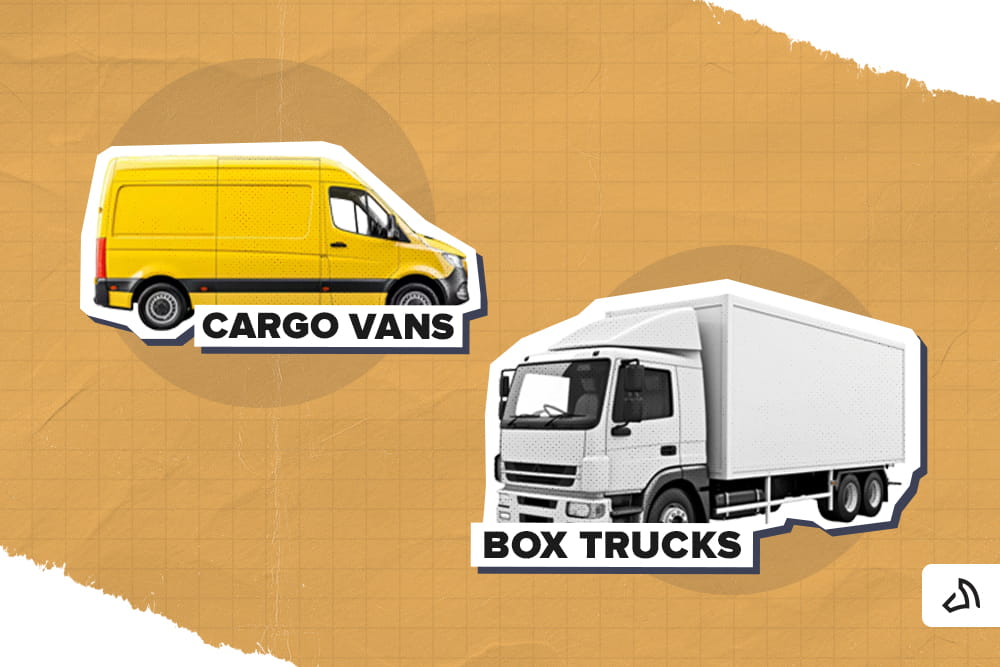 A yellow cargo van and a white box truck