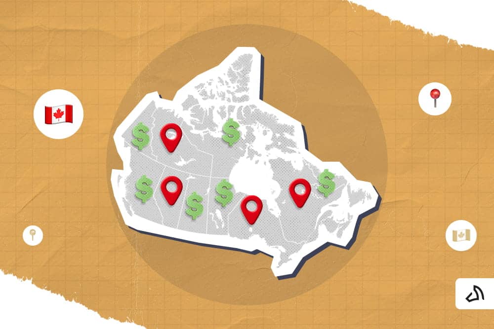 The Canada land area with dollar signs and location pins