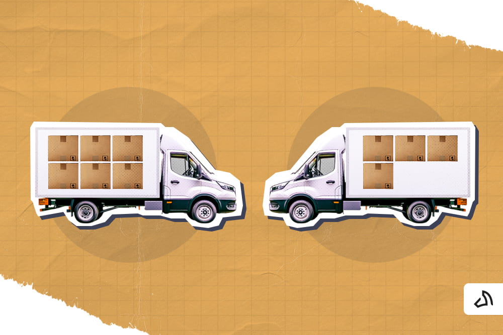 Two white vans facing each other, one full with six packages, the other with only four