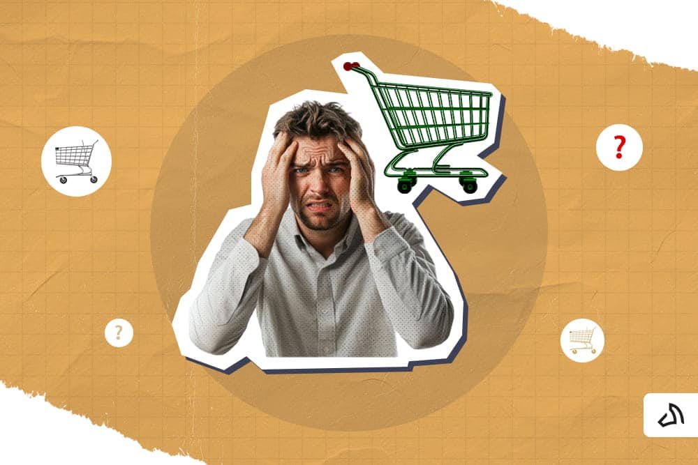 A frustrated man and a shopping cart beside him