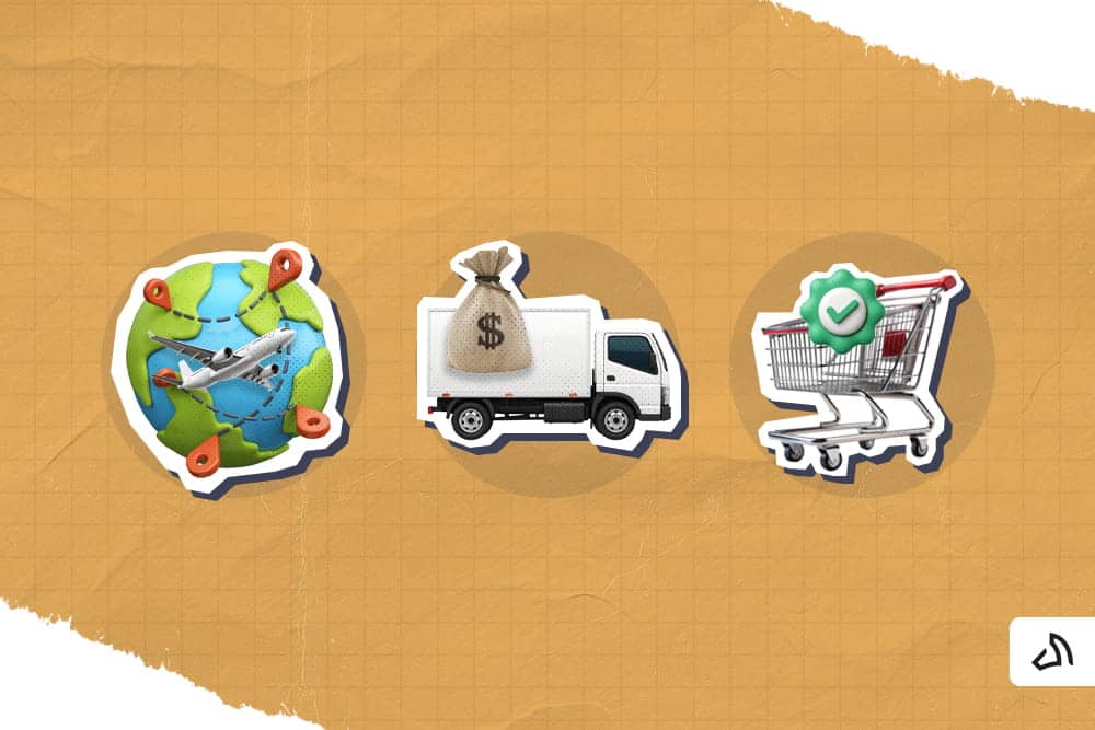 A globe with a plane, a delivery truck with a money bag, and a shopping cart with a check mark