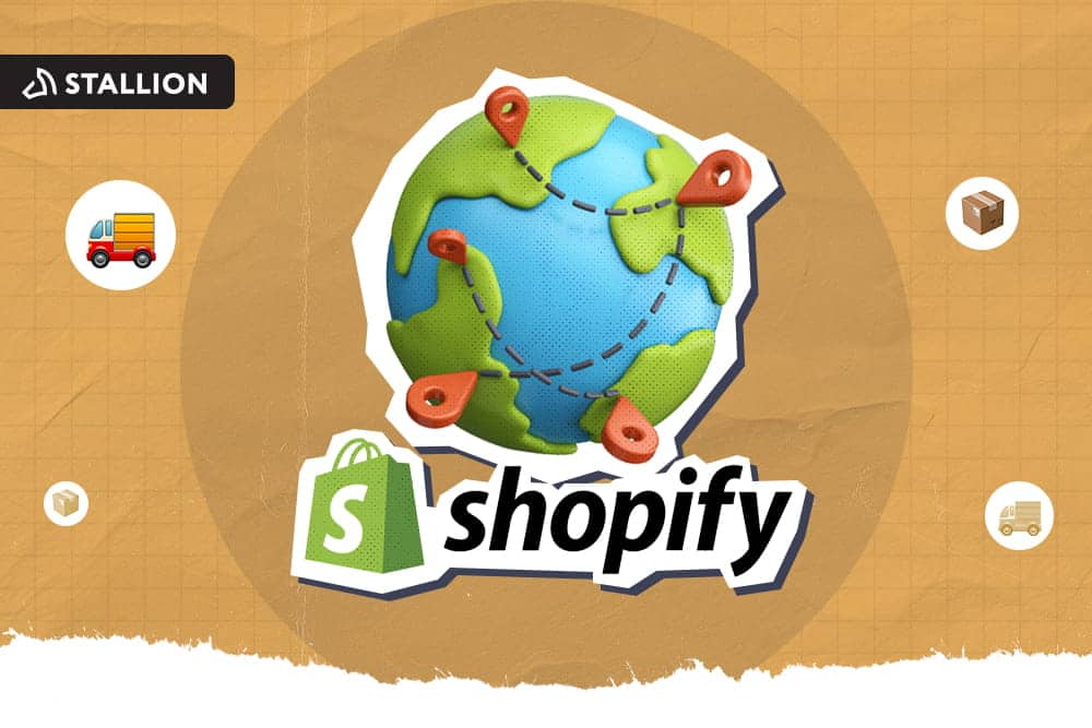 A globe with multiple location pins; below it is the Shopify logo
