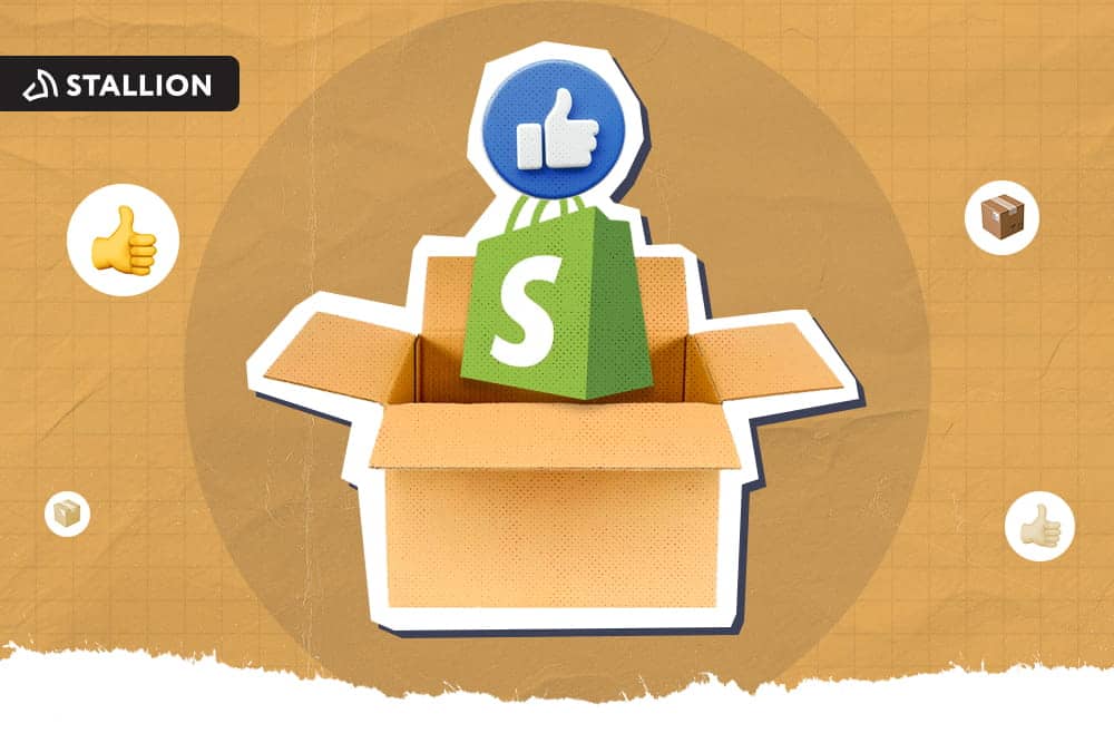 A Shopify shopping bag with a thumbs up icon above an open box