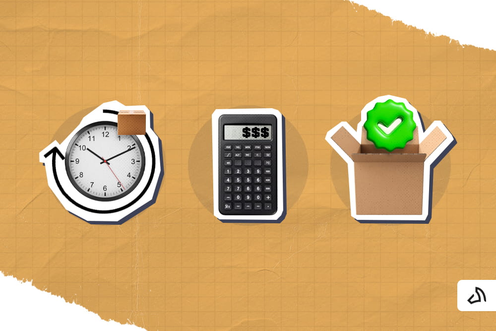 A stopwatch, a calculator, and an open box with a green check mark