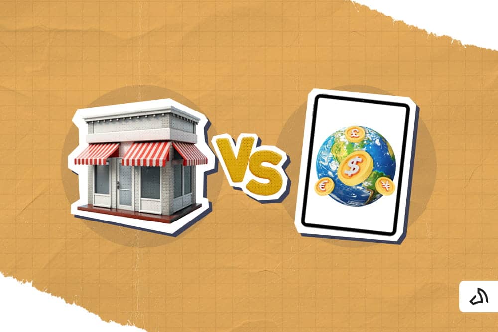 A store and a table with the globe with coins in different currencies