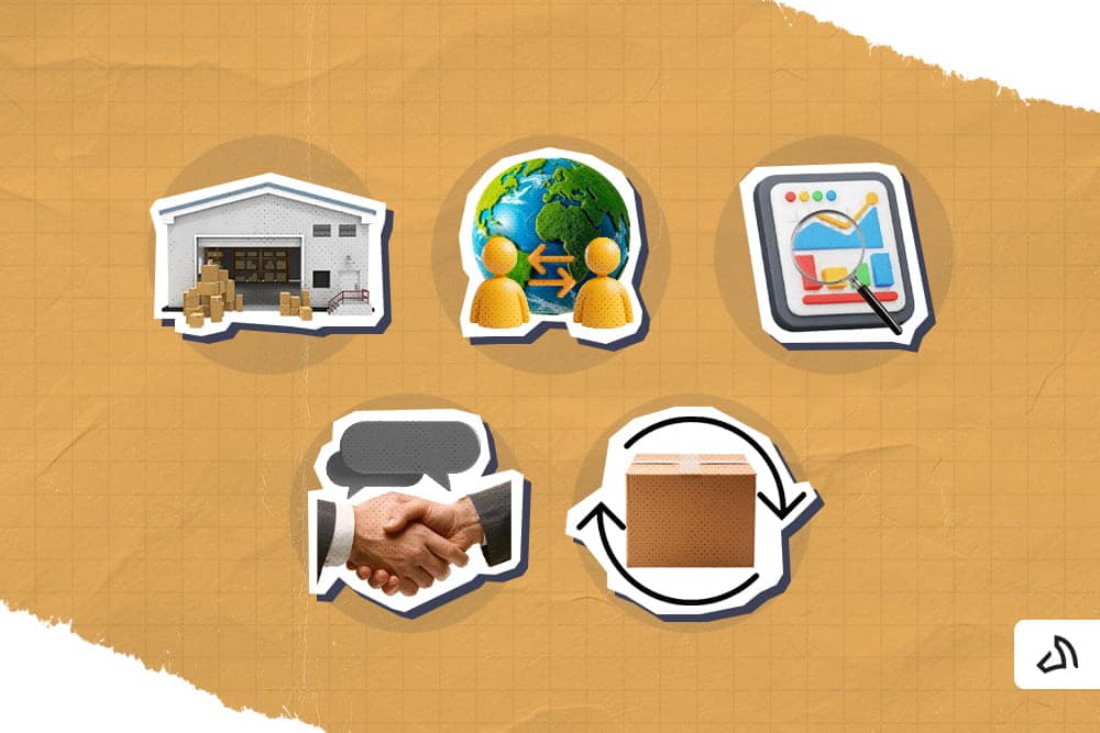 A warehouse, a globe with two people, a tracking app, two hand shaking, and return icon