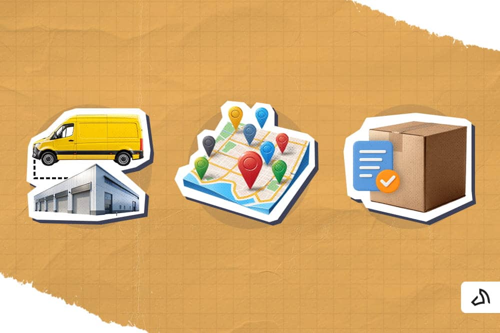 A yellow van above a warehouse, a map with multiple location pins, and a box with a checkmark