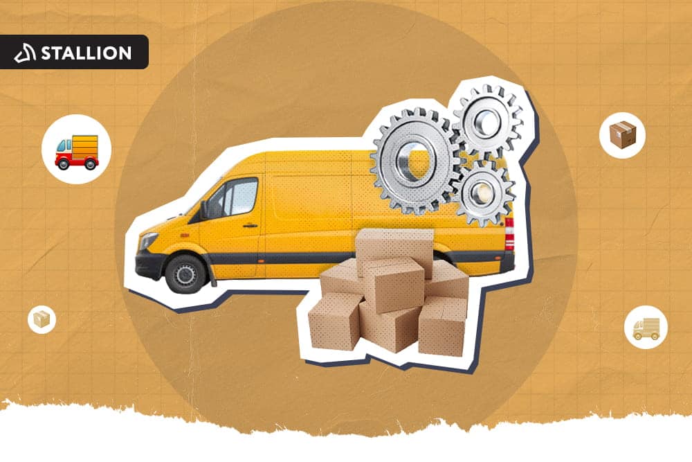 An orange delivery van with gear cogs and a pile of boxes