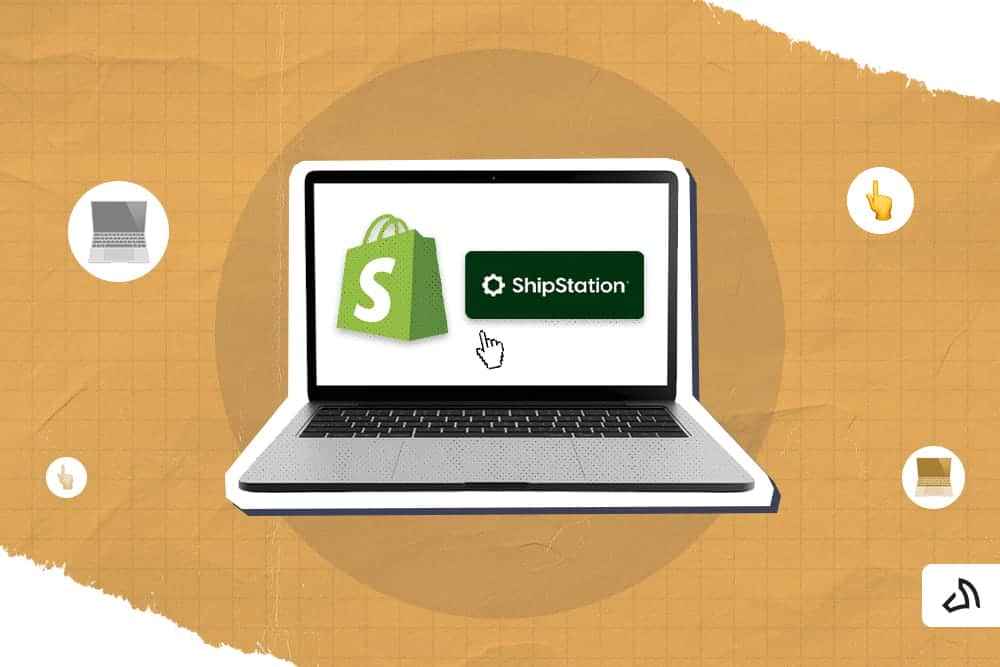 Shopify and ShipStation logos on the laptop screen