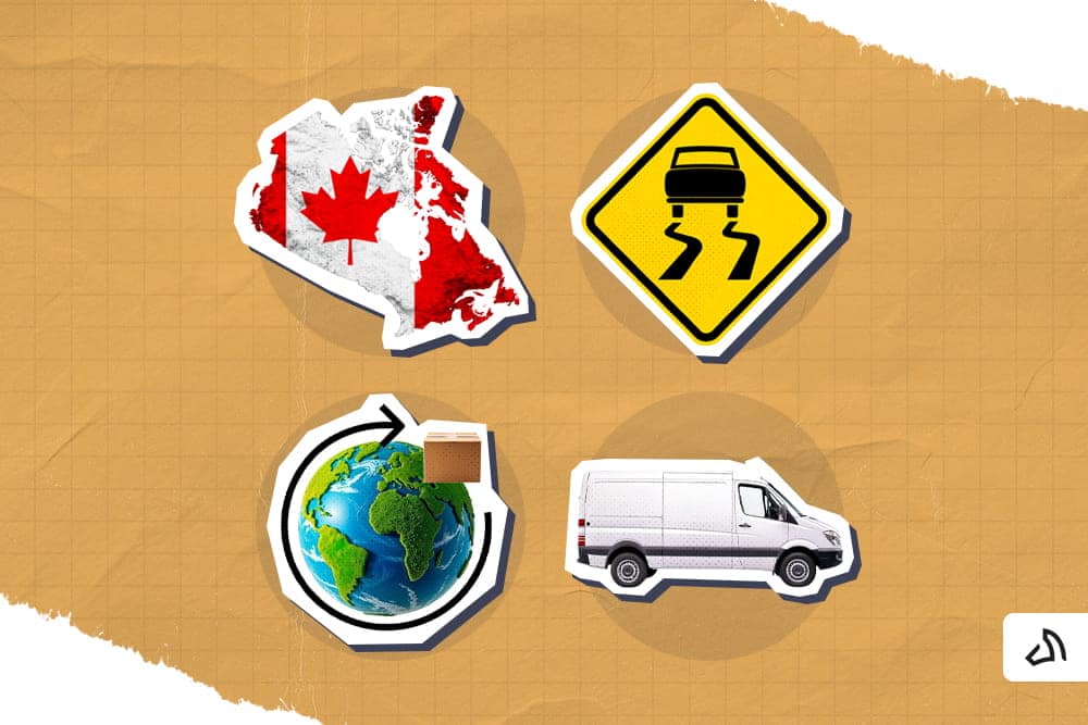 The Canadian flag, a slippery road sign, a globe with a package, and a white delivery van
