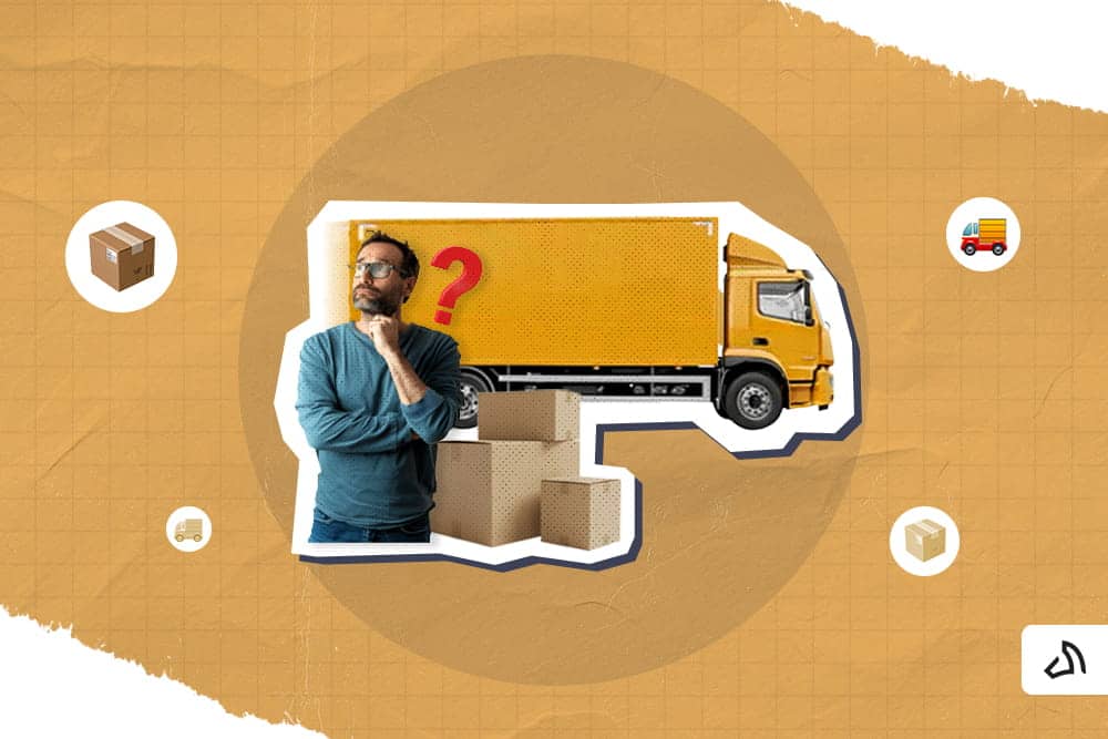 A man thinking with a stack of packages and yellow delivery truck behind it