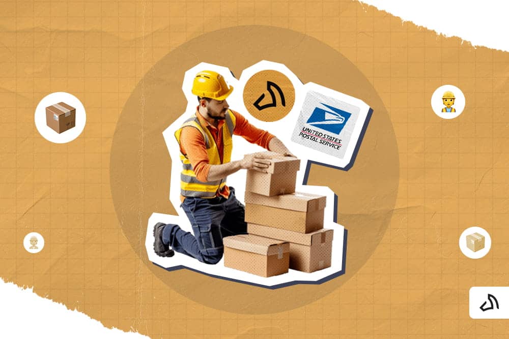 A person stacking a package with the USPS logo