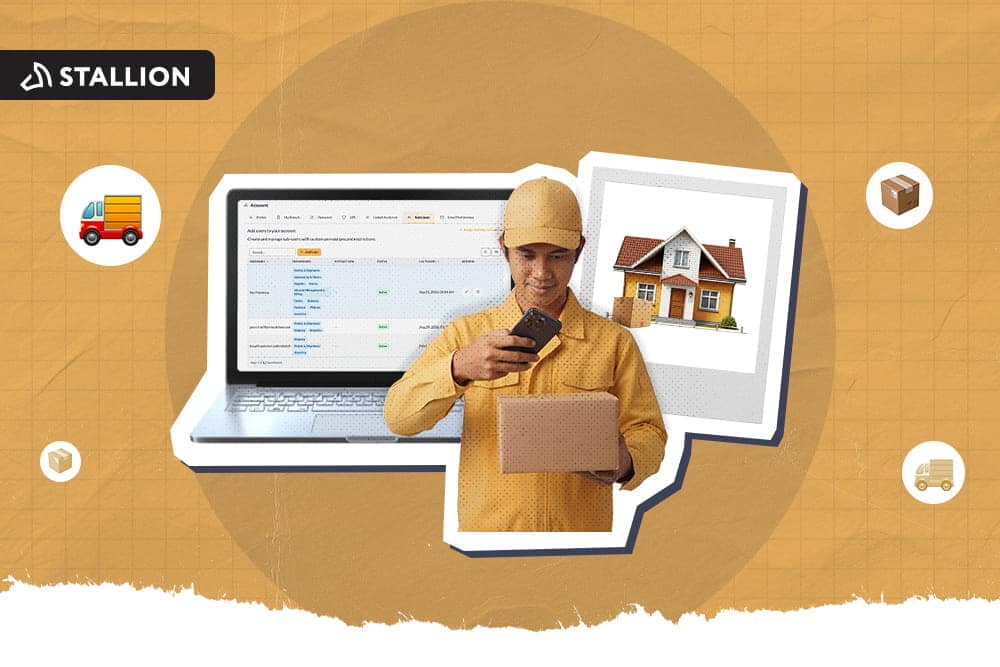 A person taking a picture of a box with the Stallion dashboard and proof of delivery behind him